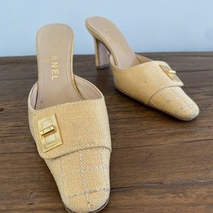 Chanel fabric yellow and gold high heel mules